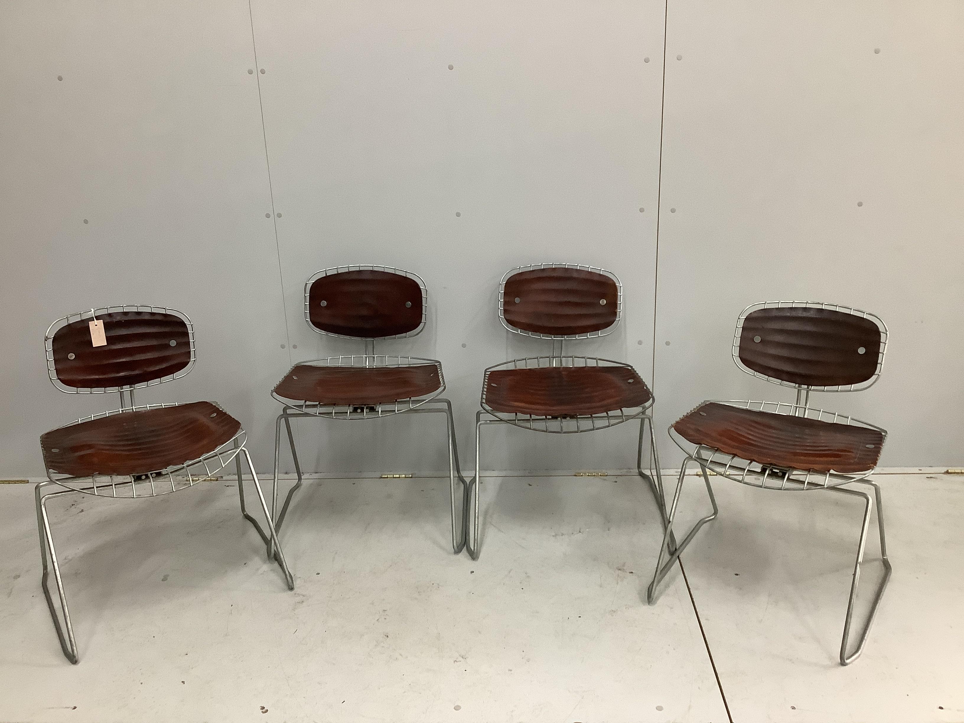Georges Laurent and Michel Cadestin, a set of four Beaubourg wirework chairs with tan leather pads, circa 1970, width 58cm, depth 49cm, height 75cm (The Beaubourg chair was conceived by Richard Rogers and Renzo Piano and